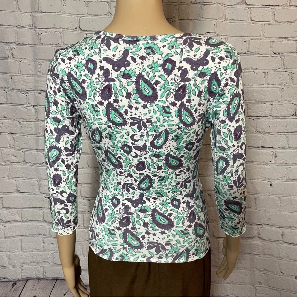 New Free People Paisley Rayon Split V-Neck 3/4 Sleeve Top Size S